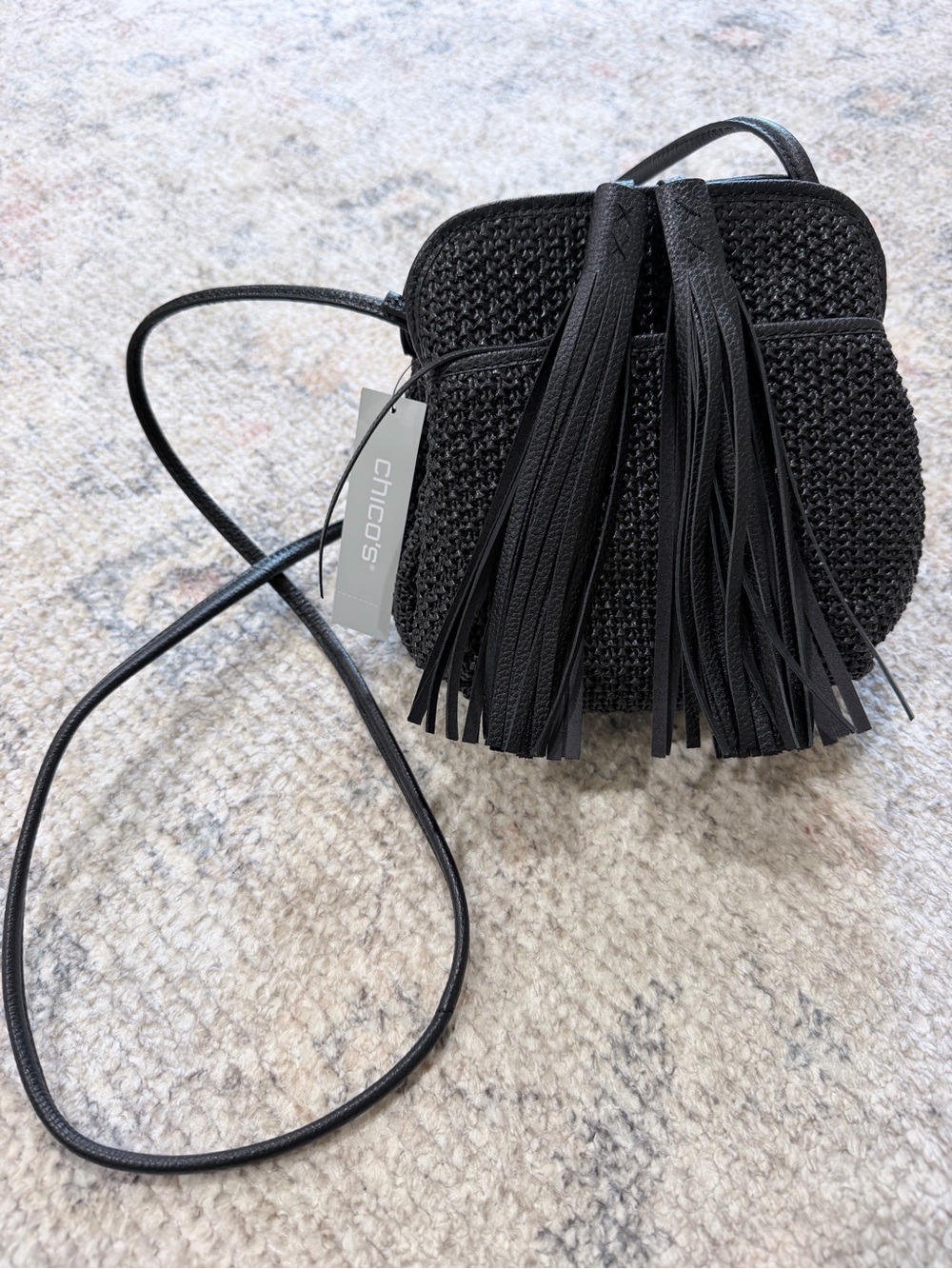 Chico's Black Woven Crossbody with Long Tassels